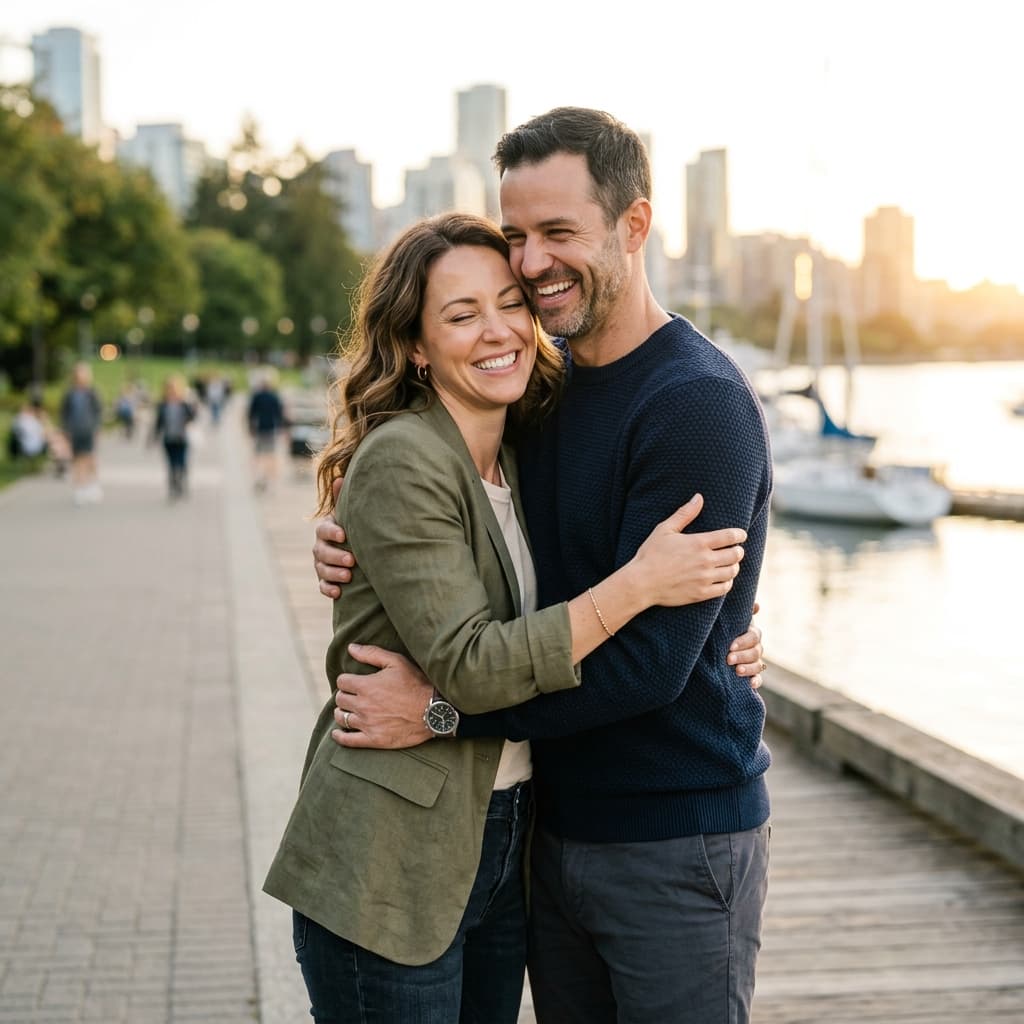 Happy couple hugging, representing vitality and confidence